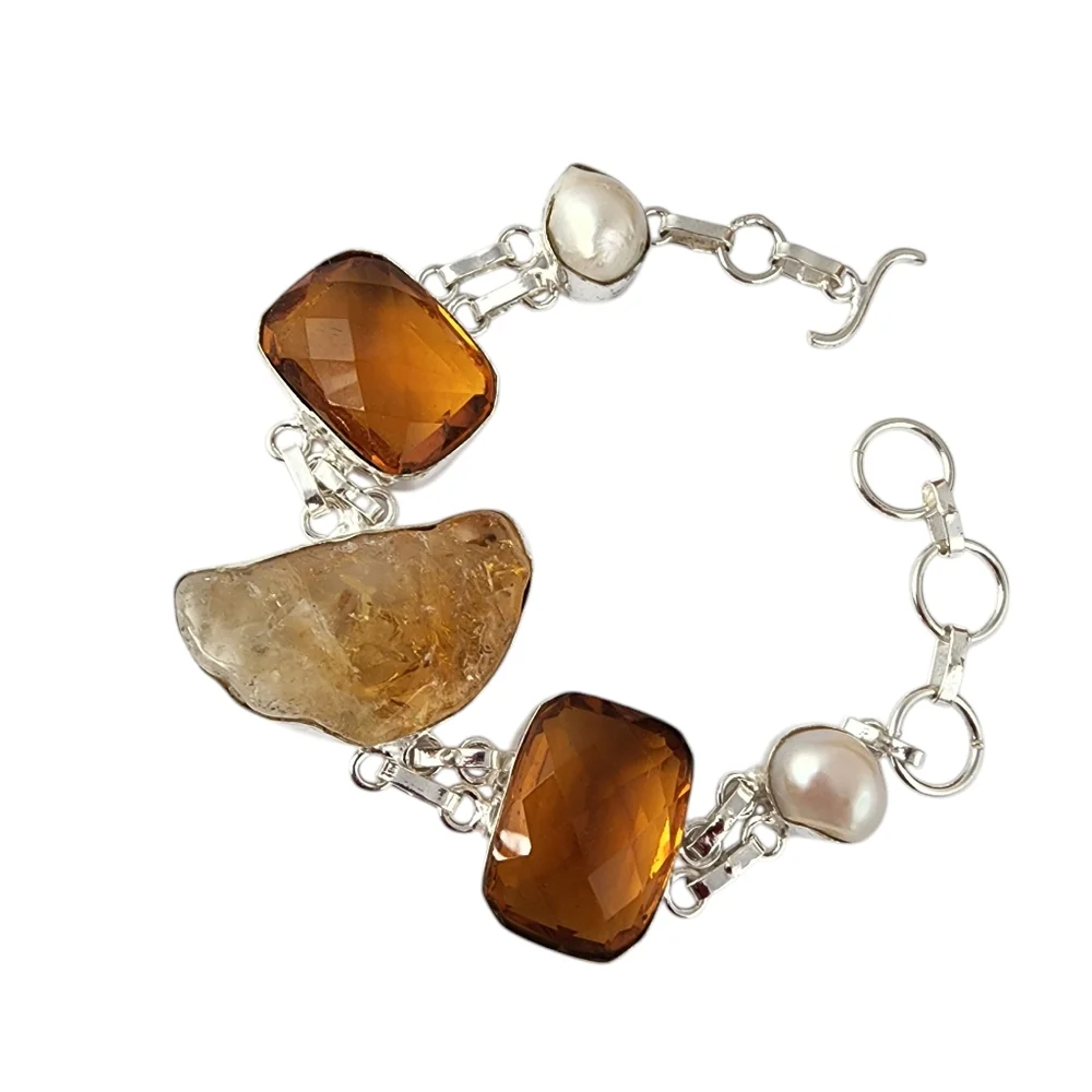 Rough citrine gemstone baroque pearl bracelet amber glass chunky bracelet J04